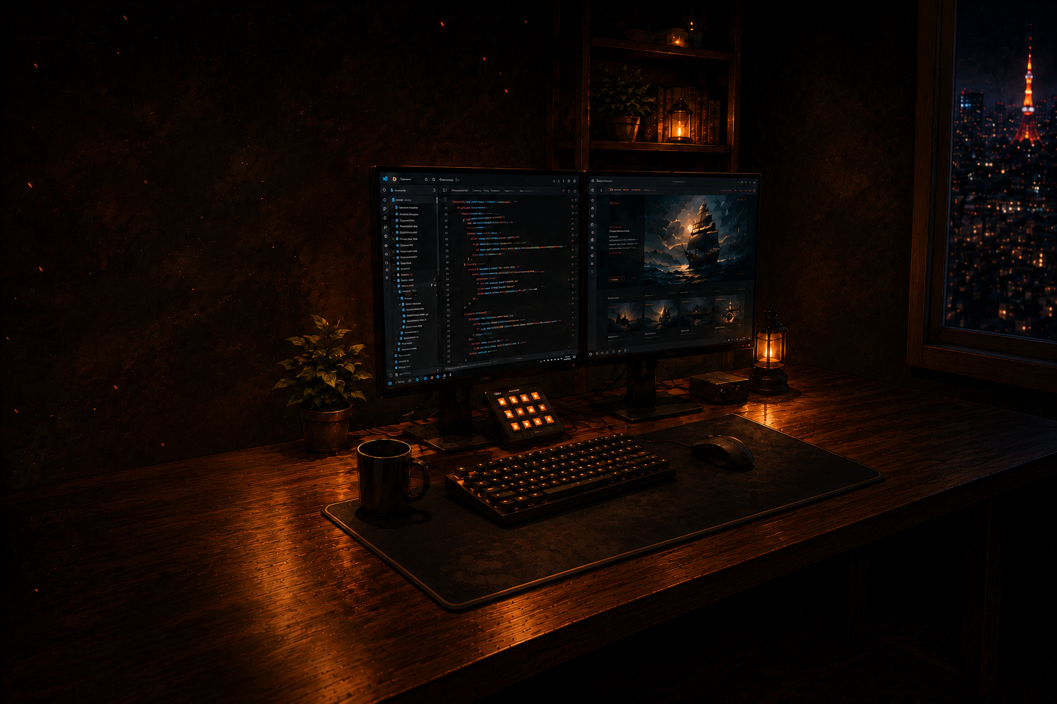 Dark, ember-lit developer workspace with dual monitors showing code and a website design, a warm lantern, and a night city skyline through the window