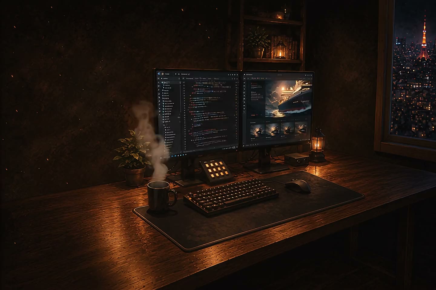 Dark, ember-lit developer workspace with dual monitors showing code and a website design, a warm lantern, and a night city skyline through the window