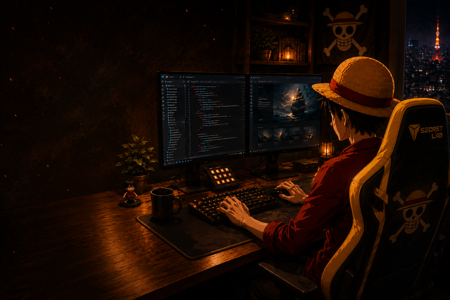 Anime-style web developer in a straw hat crafting a website on dual monitors in a dark, ember-lit studio overlooking a night city