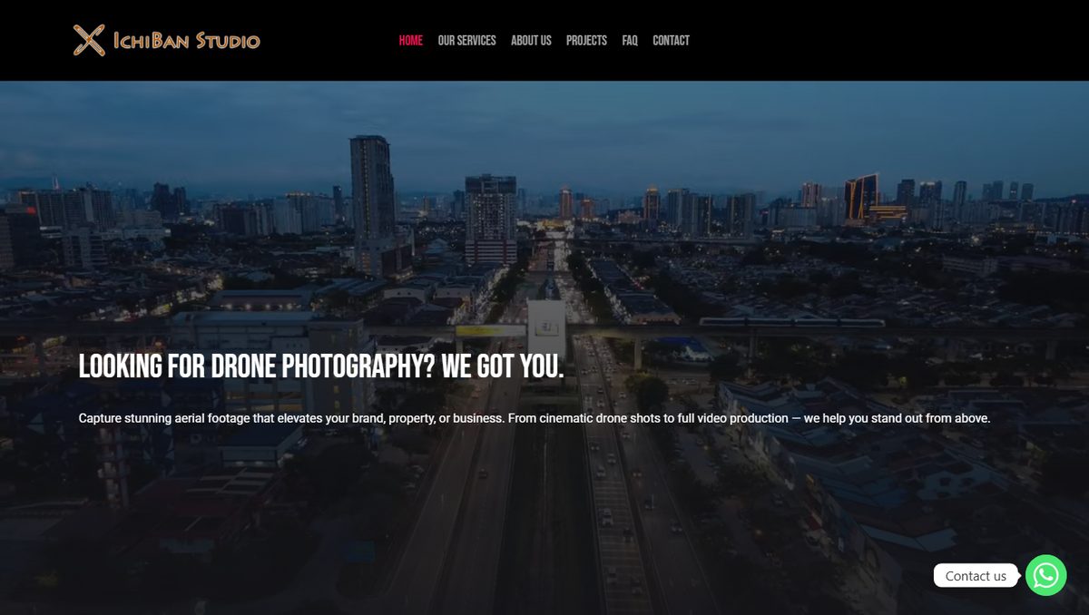 IchiBan Studio website — aerial drone footage of a city at dusk behind the headline Looking for drone photography