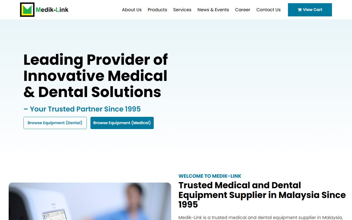 Medik-Link website — clean medical and dental equipment supplier homepage