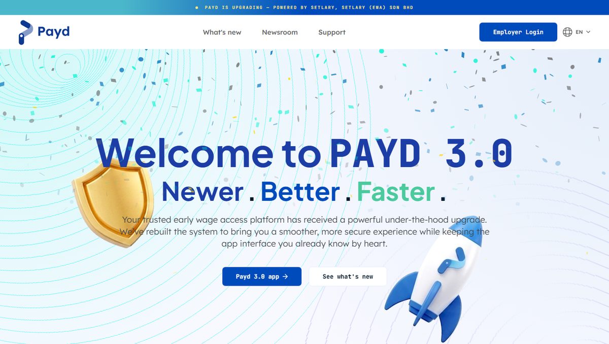 Payd fintech website — bright hero welcoming users to Payd 3.0 with rocket illustration