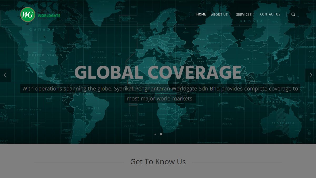 SPWorldgate corporate website — dark world-map hero with the headline Global Coverage