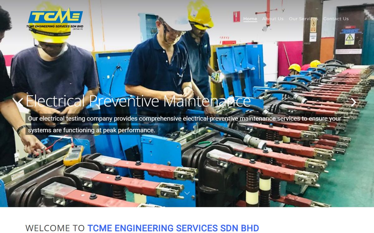TCME Engineering Services website — electrical preventive maintenance hero with technicians at work